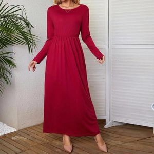 Casual jurken geplooide jurk elegante enkellengte maxi met zakken met lange mouwen voor vrouwen zachte ademende vaste kleur herfstveer