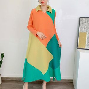 Robes décontractées plissée Simple couleur jupe 2023 printemps col Polo à la mode Orange Noble large femme longue robe