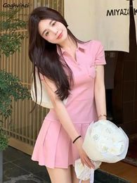 Robes décontractées Femmes plissées Mini Sweet Summer Solid Preppy Style Temper Taille haute Ulzzang Simple Girlish Fashion Ins All-Match