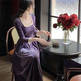Vestidos casuales Pleuche Manga larga Mujeres Sweet Vintage Estética Purple Midi Delicado Autumno Vestidos de invierno Estilo francés Damas