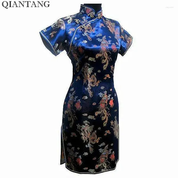 Vestidos casuales Tallas grandes 3XL 4XL 5XL 6XL Mini Cheongsam Azul marino Vintage Estilo chino para mujer Qipao Vestido corto S M L XL XXL