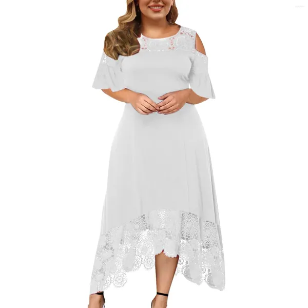 Vestidos informales de talla grande 5xl Verano blanco para mujeres Elegante encaje hueco fuera del hombro Destino largo Vestido irregular