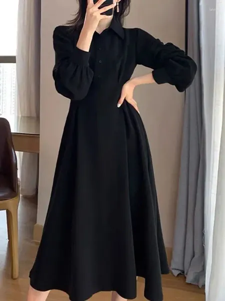 Robes décontractées grande taille 6XL 150 kg automne robe longue femmes manches haute taille col rabattu vintage noir vêtements vestido
