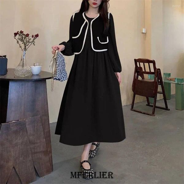 Robes décontractées Plus Taille 6XL 150kg Robe d'automne Femmes O Cou Manches longues Taille haute Vintage 2pcs Vêtements noirs Robe