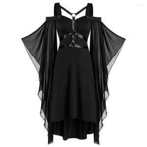 Casual jurken plus size chiffon batwing mouw veterharnas inzet hoge lage jurk koude schouder gotische vrouwelijke zwarte vestidos