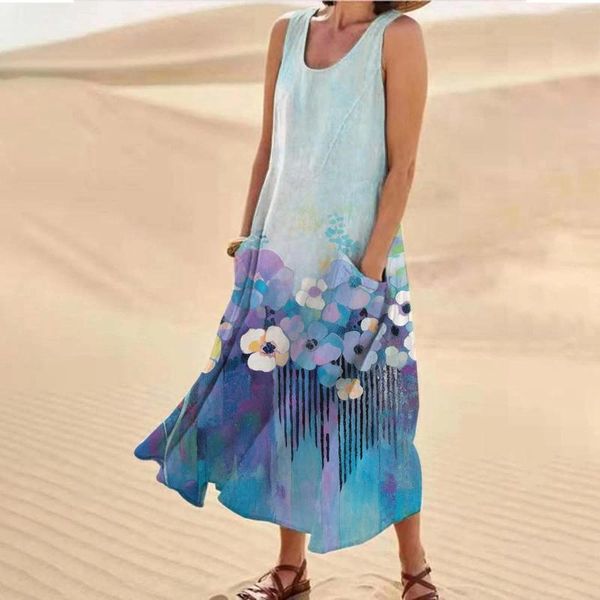 Vestidos casuales Vestido de lino de algodón de talla grande para mujer 2024 Verano de gran tamaño Playa larga Vestido de tirantes Camisa de tanque Vintgae Floral Suelto