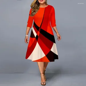 Robes décontractées Robe de grande taille 2024 Élégant imprimé géométrique Parti Automne Dames A-ligne Rouge Midi Soirée Club Tenues 5XL