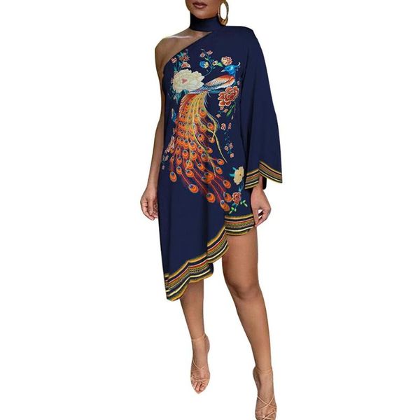 Robes décontractées grande taille robe vêtements femmes mode tour de cou paon imprimer une épaule irrégulière à volants ourlet 2021 été Vestidos