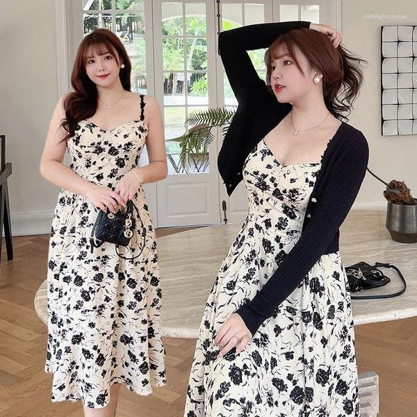 Robes décontractées Plus Taille Robe Noir Floral 2023 Fête élégante Vacances Midi Grande Jupe Longue XXXL 5XL