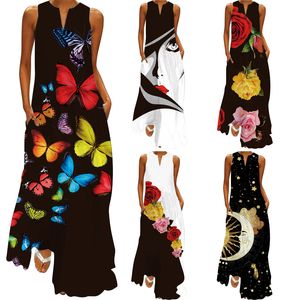 Plus Size Jurk Voor Vrouwen Zomer Maxi Vintage Mouwloze Mode Bloemenprint Casual Dames Lange Jurk Harajuku Kleding