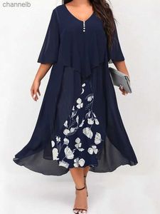 Casual jurken plus size jurk vrouw 2023 zomer v nek bloemenprint patchwork nep twee stuks jurk 4xl 5xl groot formaat maxi lange jurken l230520