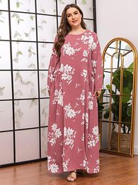 Casual jurken plus size jurk vrouwen losse pocket bloemen maxi lange mouw Arab Oman Midden -Oosten kleding roze 2022 RH555