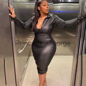 Robes décontractées Robes grande taille Zipper Sexy Robe noire Clubwear Stretchy Leather Robe mi-longue à manches longues Bodycon Wholesale Dropshipping x0625