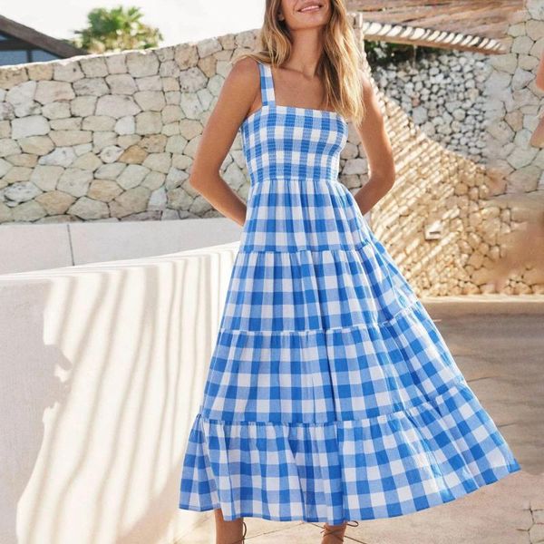 Vestidos casuales Tallas grandes para mujeres 2024 Elegante manga corta Vestido a cuadros Vacaciones Playa Ocasión formal Ropa de mujer