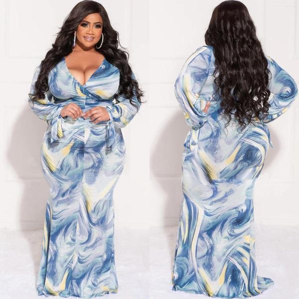 Robes décontractées grande taille pour femmes vêtements col en V à manches longues bleu imprimé élégant Maxi chemises robe en gros goutte 2022