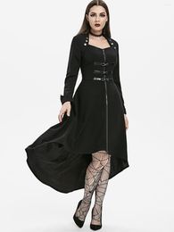 Casual jurken plus maat gotische vrouwen zwarte punk jurk hoge lage knop verfraaide herfst mode dip hem zip omhoog lange maxi vestidos