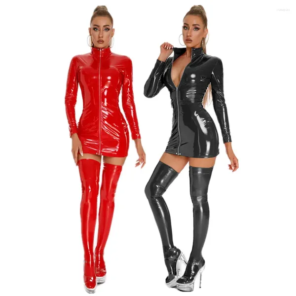 Robes décontractées Plus Taille Haute Élastique Brillant Faux Cuir Robe Sexy Femmes PVC Brevet Discothèque Fermeture À Glissière À Manches Longues Serré