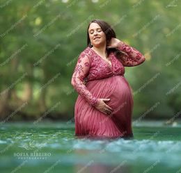 Robes décontractées Plus Taille Dentelle Maternité Pographie Col V Manches longues Appliques 3D Perlée Sheer Puffy Robes de chambre de grossesse