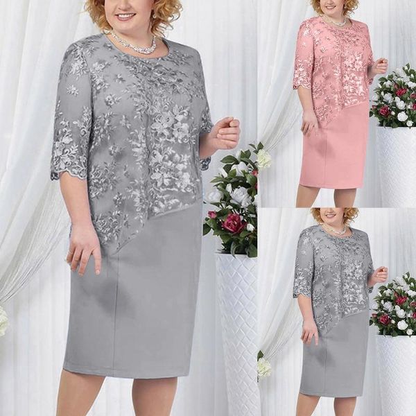 Robes décontractées Plus Taille Dames Robe O Cou À Manches Courtes Soirée Soirée Été Pour Invité De Mariage Dentelle Broderie Élégante