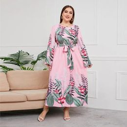 Robes décontractées Plus Taille Manches longues à lacets Femmes Abaya Style ethnique Imprimer Islam Vêtements Robe musulmane Robe ample Femme Robes