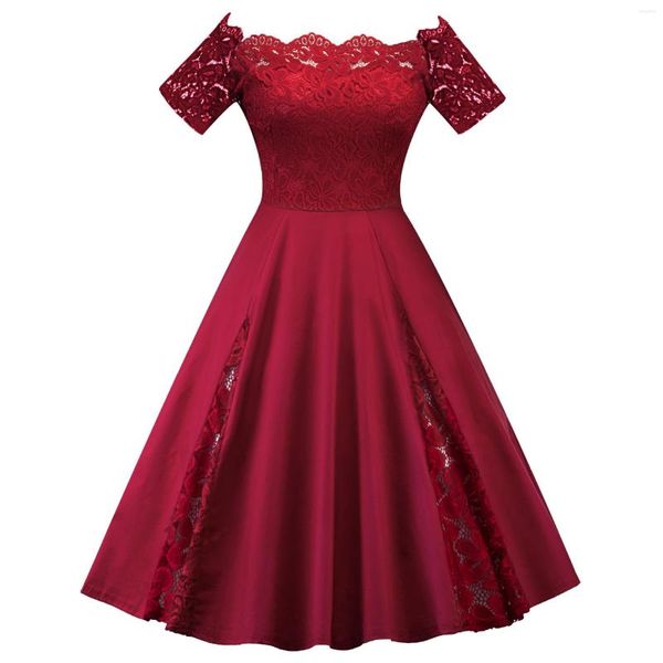 Robes décontractées grande taille hors épaule dentelle panneau robe femmes printemps été Pin Up Vintage Rockabilly solide a-ligne fête Vestidos