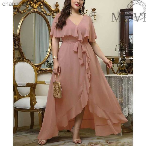 Robes Décontractées Plus La Taille Rose En Mousseline De Soie Robe De Bal Élégant De Luxe Plus La TAILLE Vêtements Col En V Longues Robes De Soirée Midi 4xl 5xl Robes 2022Nouveau L230520