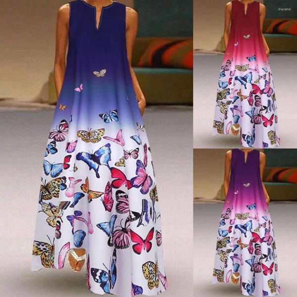 Vestidos informales De talla grande, vestido De verano 2023 para Mujer, estampado De mariposas, sin mangas, Vintage, bohemio, cuello De pico, largo, Maxi, Vestidos De Mujer