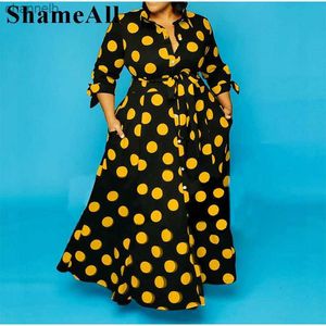 Robes décontractées grande taille manches trois-quarts à pois longue robe maxi avec ceinture 4XL Vintage élégant taille haute ceinture boutonnée robe chemise L230520