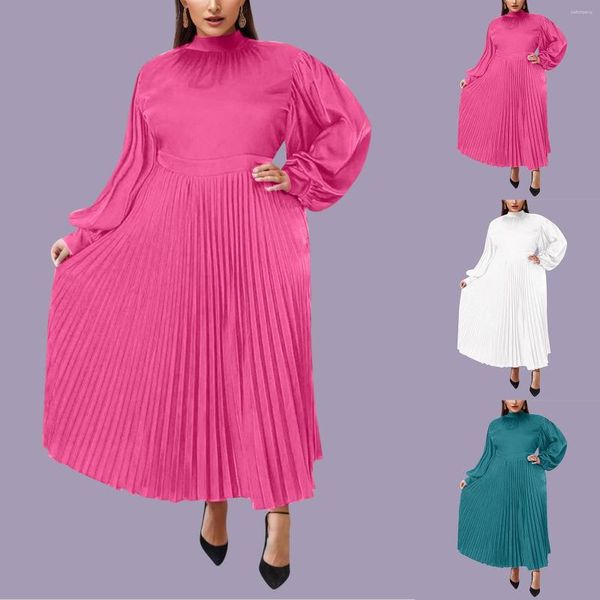 Vestidos casuales de talla grande para mujer elegante vestido Maxi plisado 2023 Otoño Invierno gran oscilación Color sólido manga larga Vestidos