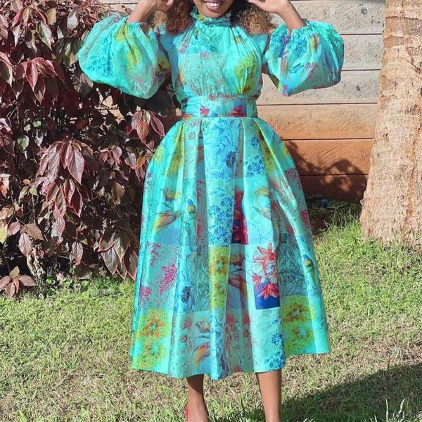 Robes décontractées Plus Taille Femmes Imprimer Col montant Manches bouffantes Robe africaine surdimensionnée imprimée