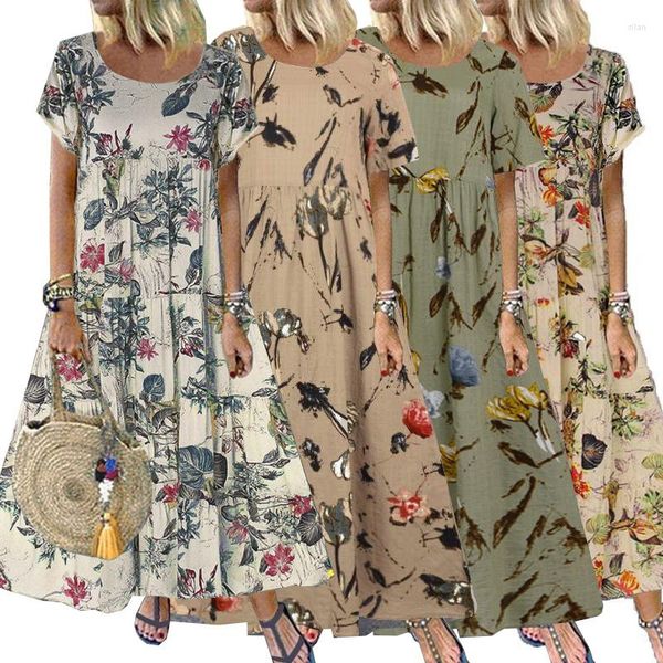 Vestidos casuales Tallas grandes Mujer Floral Boho Maxi Vestido Manga corta Verano Kaftan Vestido largo A-Line General