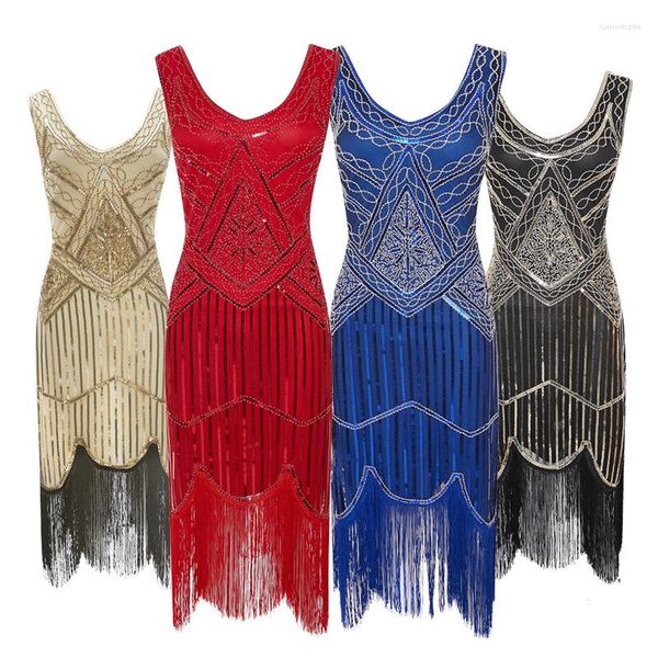 Robes Décontractées Plus La Taille XS-4XL Vintage Années 1920 Flapper Great Gatsby Dress 2022 Costumes Fantaisie Col En V Sans Manches Sequin Fringe Party