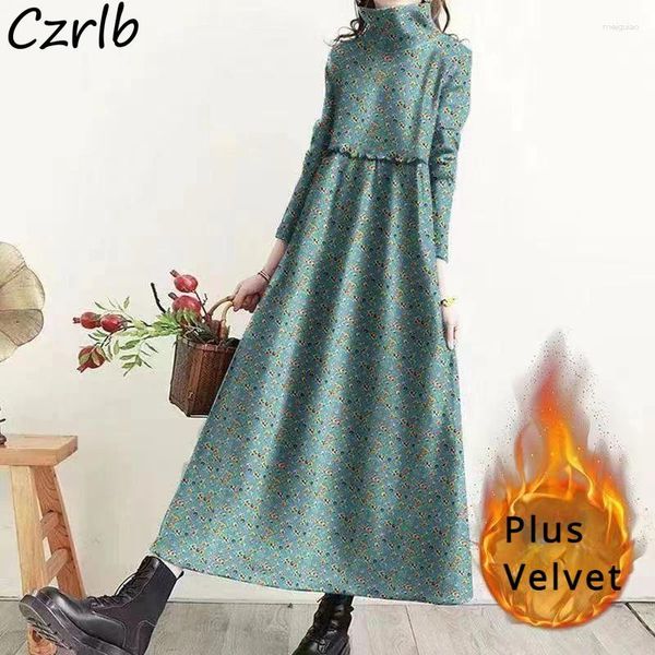 Robes décontractées plus femmes en velours femmes hiver à manches longues à manches longues à col roulé à col roulé floral midi midi