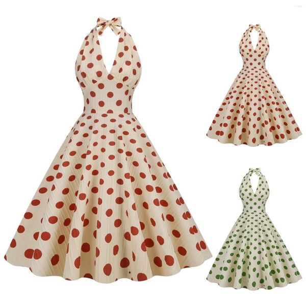 Vestidos casuales Polka Dot Hepburn Estilo Vintage A-Line V-cuello Vestido sin respaldo Mujeres Verano Retro Vestidos de fiesta