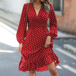 Casual jurken polka dot lange mouw vrouwen winter formele v nek flowy ruches vintage elegante elegante elastische taille slanke vestido