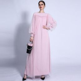 Vestidos casuais Malha de bolinhas Vestido de manga lanterna com cadarço Roupões femininos Maxi Vestidos De Verano Mujer 2023