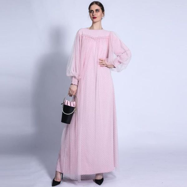 Vestidos casuales Polka Dot Mesh Lantern Sleeve Dress Lace-up Robes Ladies Maxi Vestidos De Verano Mujer 2023