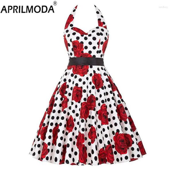 Vestidos casuales Polka Dot Print Flare Runway Vestido Mujeres Vintage Swing Halter Cinturón 50s 60s Rockabilly Prom Party Retro Feminino Vestidos