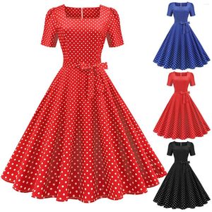 Robes décontractées Polka Dot Vintage Robe Femmes Été Élégant À Manches Courtes Col Carré A-Ligne Midi Fête Robe D'été 50s 60s Robes Plus Taille