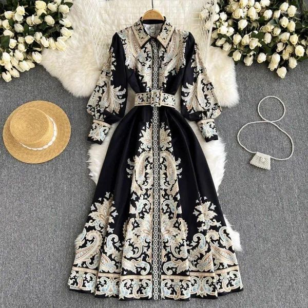 Vestidos casuales Polo Collar Manga larga Vestido impreso Mujer Otoño Estilo coreano Suelto Tamaño grande Moda Elegante con cordones