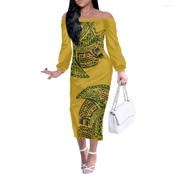 Vestidos casuales Ropa tribal polinesia Samoan Fijian Tapa Estampado de flores Personalizado Fuera del hombro Vestido ajustado hasta la rodilla Seda de leche