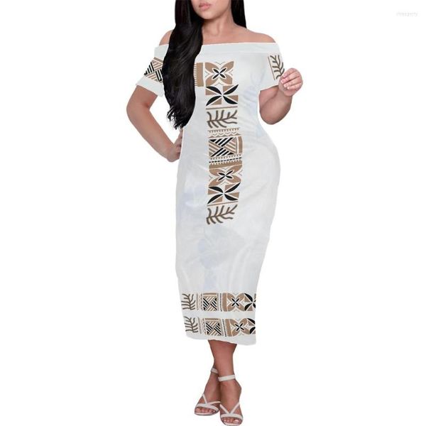 Robes décontractées vêtements tribaux polynésiens Samoan blanc Tapa fleur motif imprimé personnalisé robe à manches courtes conception épaule moulante