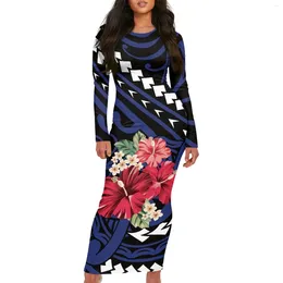 Vestidos informales Polinesio Tribal Tongan Totem Tattoo Tonga Tampas Tropicales Colorida Flores brillantes Dama División Trasa Vestido de otoño