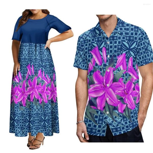 Robes décontractées Tribus polynésiennes Design Blue Paire Costumes Femme Col rond Samoan Maxi Jupes avec chemises hawaïennes pour hommes