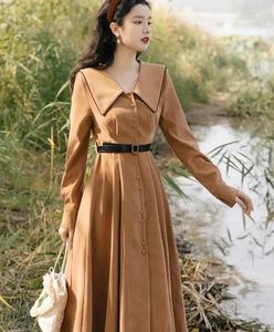 Casual Jurken Prairie Chic Vintage Revers Kraag Corduroy Riem Jurk Elegant Een Stuk Midi Vrouwen Herfst Bttoming Vestido Festa