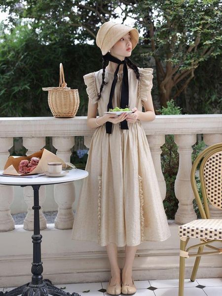 Robes décontractées Prairie Summer French Romantique Chic Dress Flying Sleeve Cottage Pour Femmes En Sweet Laceup Slim Waist Tank