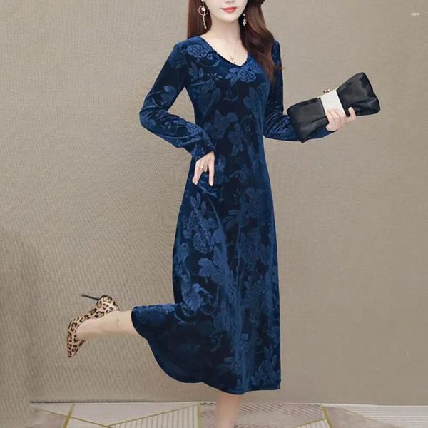 Robes décontractées Robe de fête premium Elegant Plus taille imprimé floral midi pour le cou au col en V à mi-parole