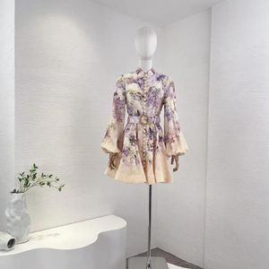 Robes décontractées Précommande 15 jours multicolore imprimé floral lin haute qualité longue lanterne manches boutons a-ligne vintage robe femme élégante