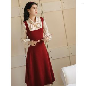 Casual jurken preppy stijl gebreide voor vrouwen rode Franse retro trui vestidos chique dame Korean uit één stuk jurk herfstkleding