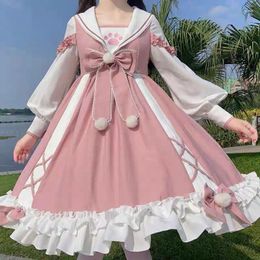 Casual Jurken Preppy Stijl Lolita Jurk Vrouwen Boog Knoop Ontwerp Lange Mouw Hoge Taille A-lijn Japanse Vrouwelijke In vestidos Mujer